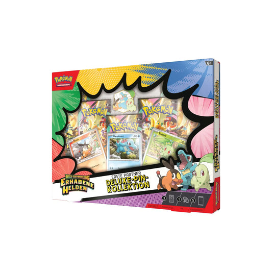 Pokémon Mega-Entwicklung Erhabene Helden Deluxe-Pin-Kollektion Deutsch - Produktverpackung mit Erste Partner Deluxe-Pin