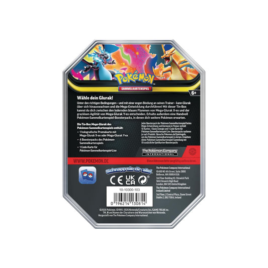 Pokémon Mega-Glurak-X Tin-Box Deutsch - Rückseite mit Produktdetails
