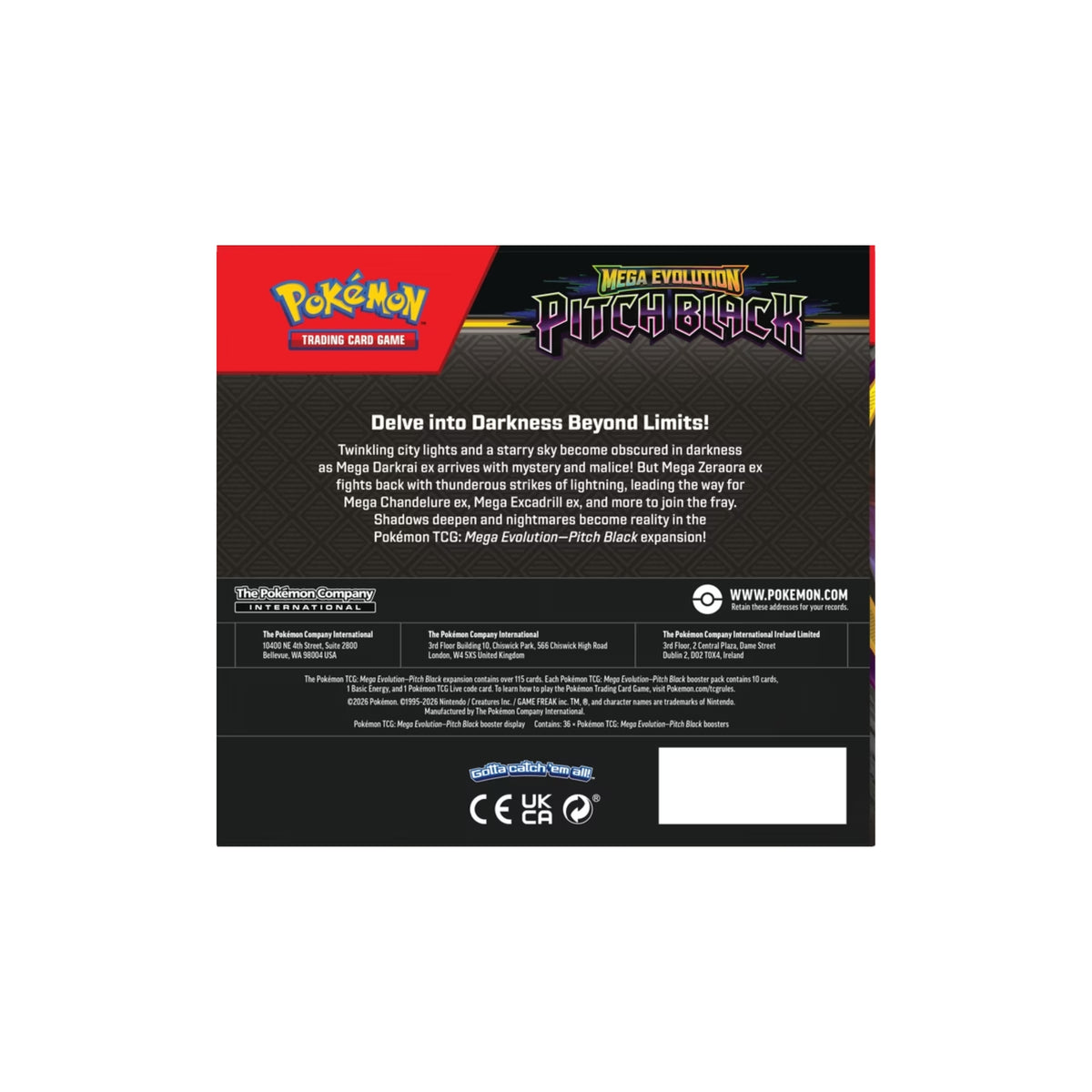 Pokémon Pitch Black Display 36 Booster Englisch - Rückseite mit Produktdetails und Herstellerangaben