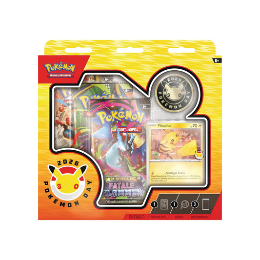 Pokémon Day 2026 Kollektion Deutsch - Vorderseite der Verpackung mit Pikachu Promokarte, Münze und Boosterpacks