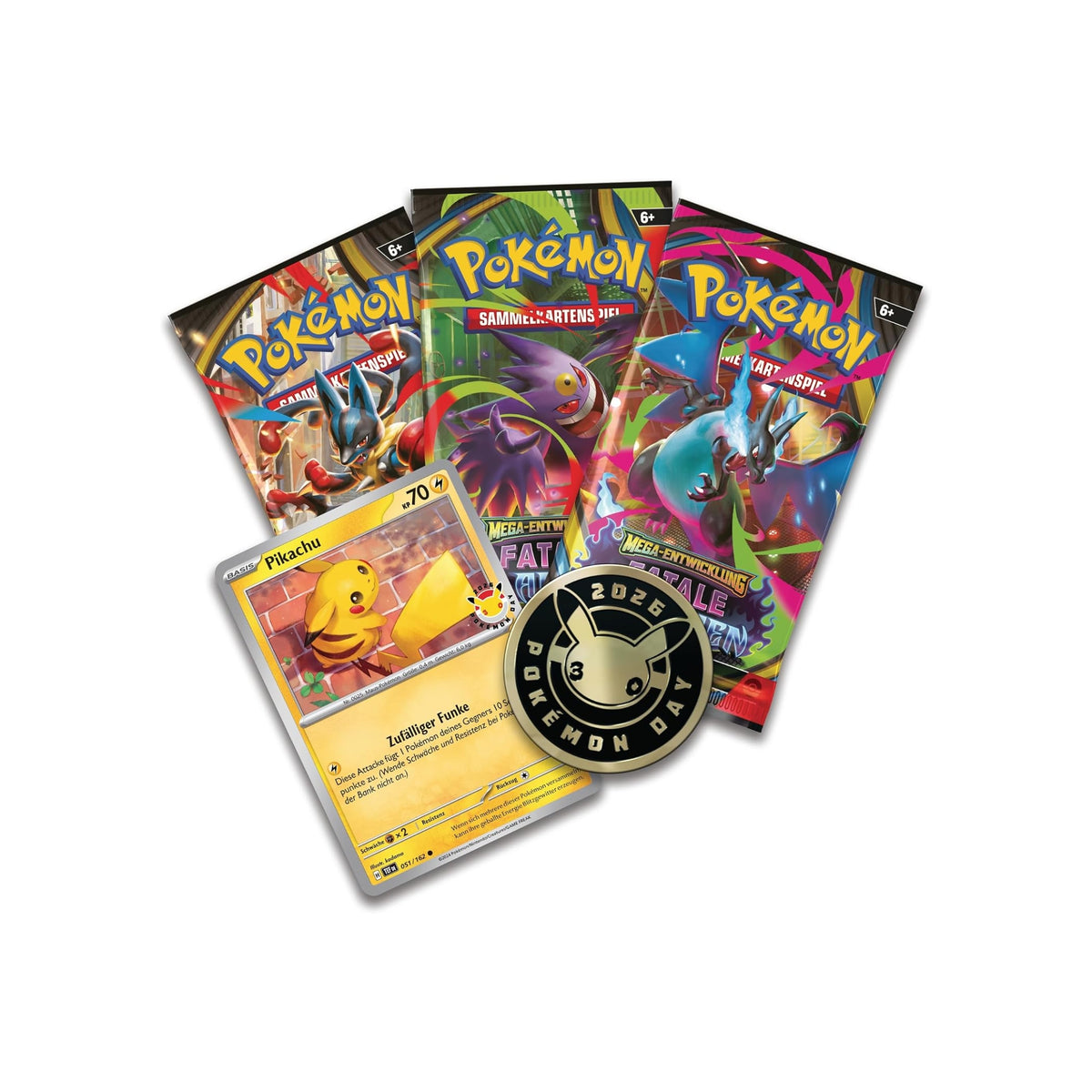 Pokémon Day 2026 Kollektion Deutsch - kompletter Inhalt mit Pikachu Promokarte, Münze und drei Boosterpacks