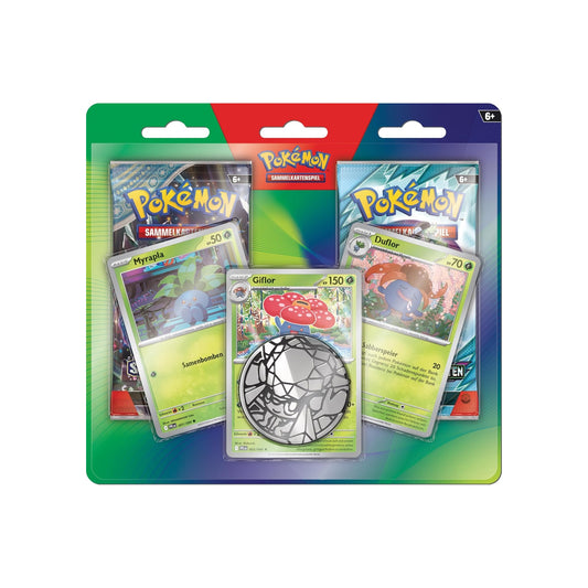 Pokémon Enhanced 2-Pack Blister Giflor Deutsch - Vorderseite der Originalverpackung mit zwei Boosterpacks, den Promokarten Myrapla, Duflor und Giflor sowie der Sammlermünze