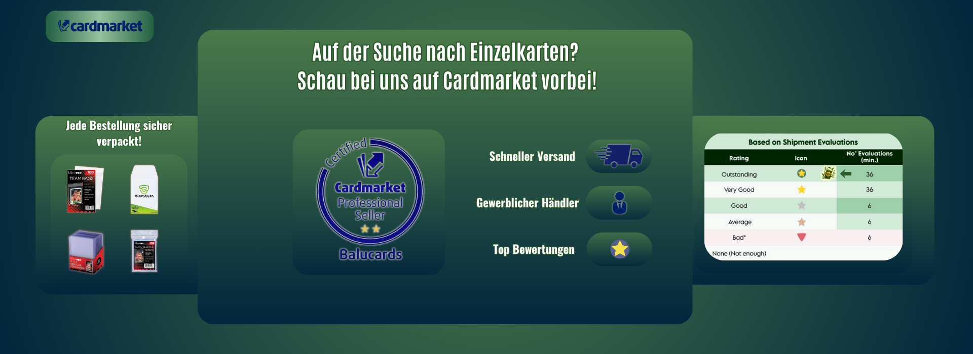 Balucards – Cardmarket Professional Seller mit Top-Bewertungen, schnellem Versand und sicherer Verpackung für Pokémon TCG
