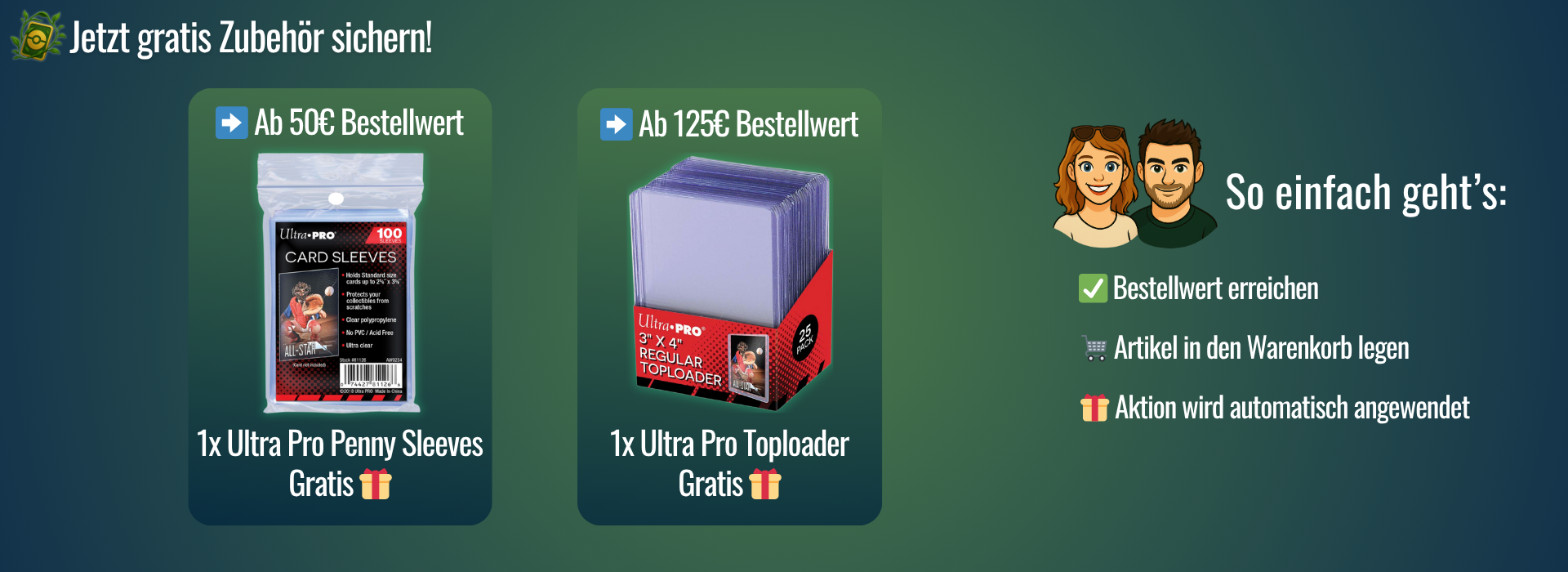Gratis Pokémon Zubehör ab 50 € Bestellwert – Ultra Pro Sleeves und Toploader sichern bei Balucards.de
