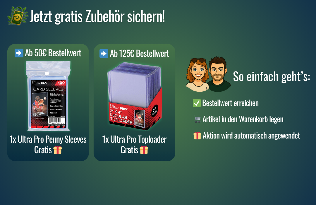 Gratis Ultra Pro Sleeves ab 50 € und Toploader ab 125 € – Pokémon Zubehör Aktion bei Balucards
