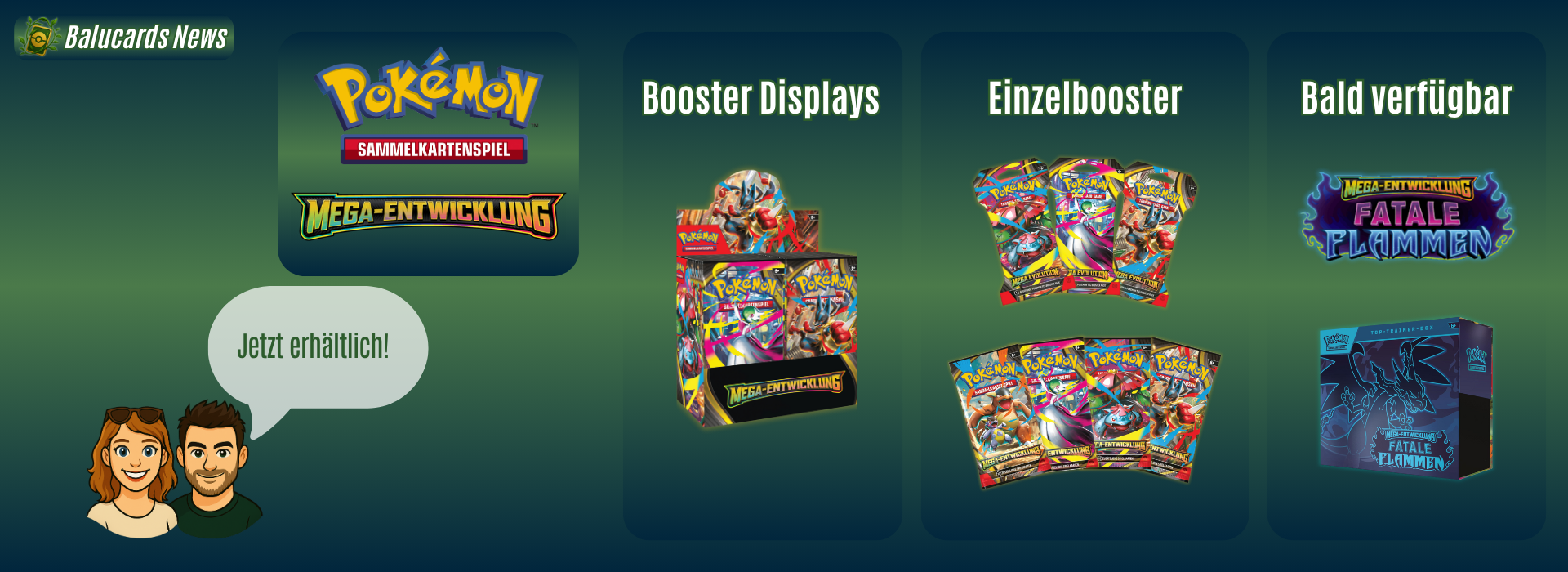 Pokémon Mega-Entwicklung jetzt erhältlich – Booster Displays, Einzelbooster und Fatale Flammen bei Balucards.de bestellen