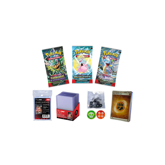 Pokémon Trainer-Starter-Set Advanced mit 3 Boostern, Sleeves, Toploader, Würfeln, Marken & Energiekarten