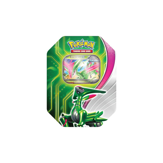 Pokémon Tin Box – Eisenblatt EX (Deutsch) – Vorderseite mit Promokarte im Sichtfenster
