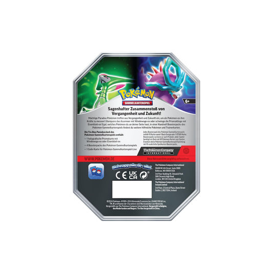 Pokémon Tin Box – Eisenblatt EX (Deutsch) – Rückseite mit Produktbeschreibung & Inhalt