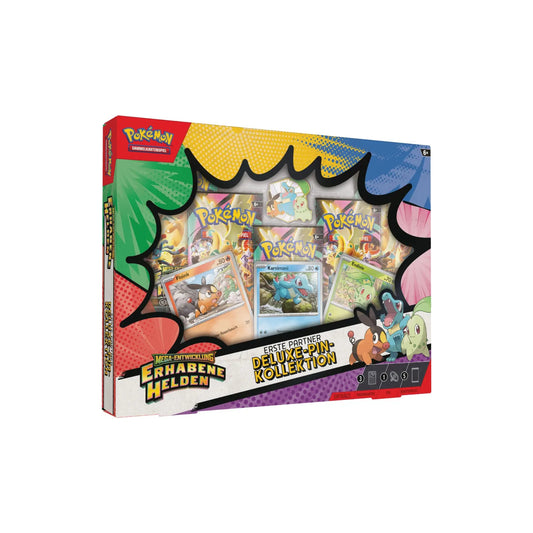 Pokémon Mega-Entwicklung Erhabene Helden Deluxe-Pin-Kollektion Deutsch - Schrägansicht mit Promokarten, Pin und 5 Boosterpacks