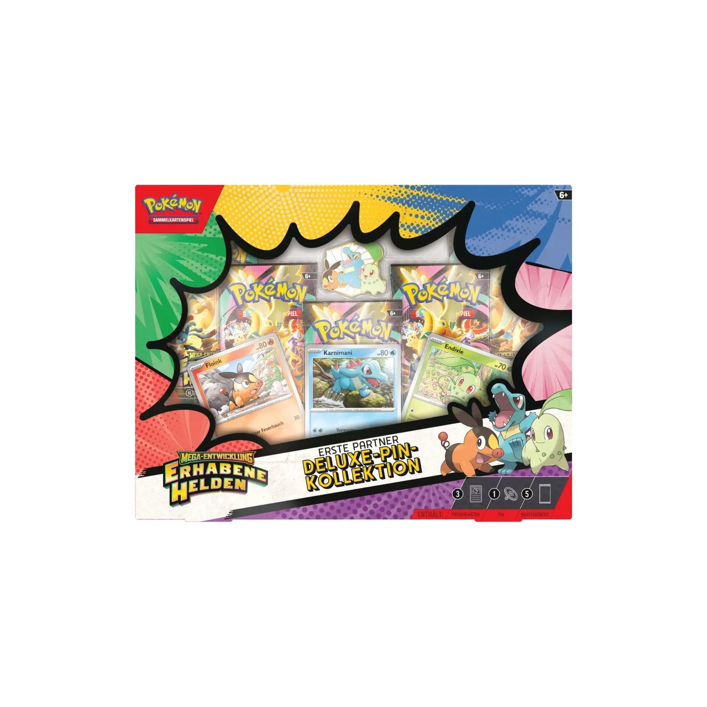 Pokémon Mega-Entwicklung Erhabene Helden Deluxe-Pin-Kollektion Deutsch - seitliche Produktansicht mit Promokarten und Boosterpacks