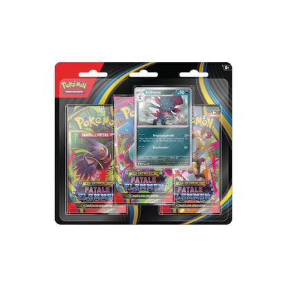 Pokémon Mega-Entwicklung Fatale Flammen 3-Pack Blister Snibunna – Vorderseite mit 3 Boostern und Snibunna-Promokarte (Deutsch)

