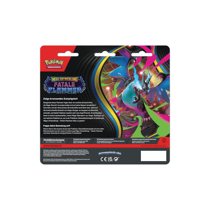 Pokémon Mega-Entwicklung Fatale Flammen 3-Pack Blister Snibunna – Rückseite mit Produktbeschreibung und Herstellerangaben

