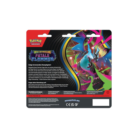 Pokémon Mega-Entwicklung Fatale Flammen 3-Pack Blister Snibunna – Rückseite mit Produktbeschreibung und Herstellerangaben
