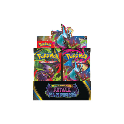 Pokémon Mega-Entwicklung Fatale Flammen Display 36 Booster – deutsches neu versiegeltes Pokémon Booster-Display Vorderansicht
