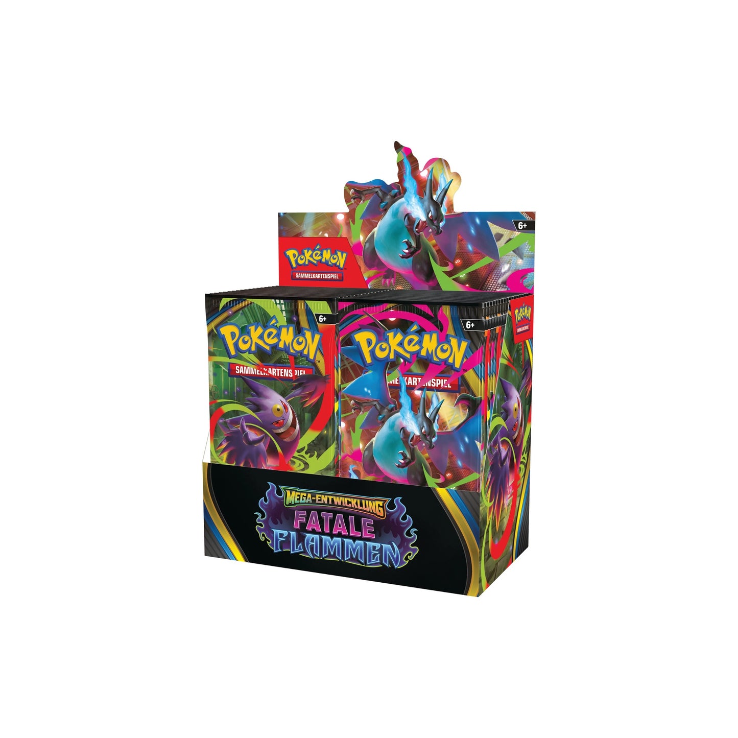 Pokémon Mega-Entwicklung Fatale Flammen Display mit 36 Boostern – deutsches sealed Pokémon Display in seitlicher Perspektive
