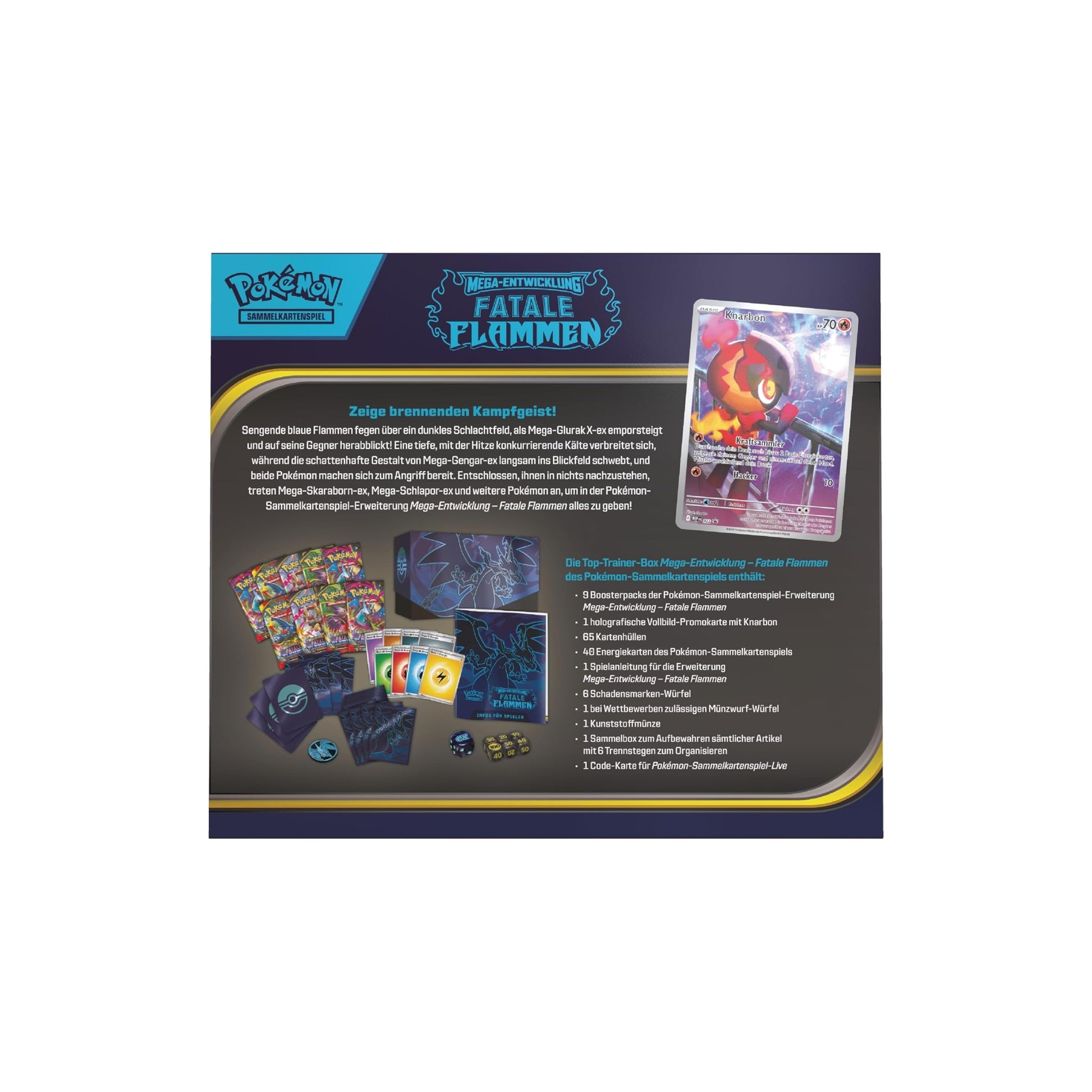 Rückseite der Pokémon Mega Entwicklung Fatale Flammen Top Trainer Box – Inhaltsübersicht der deutschen Top Trainer Box mit Boostern und Zubehör