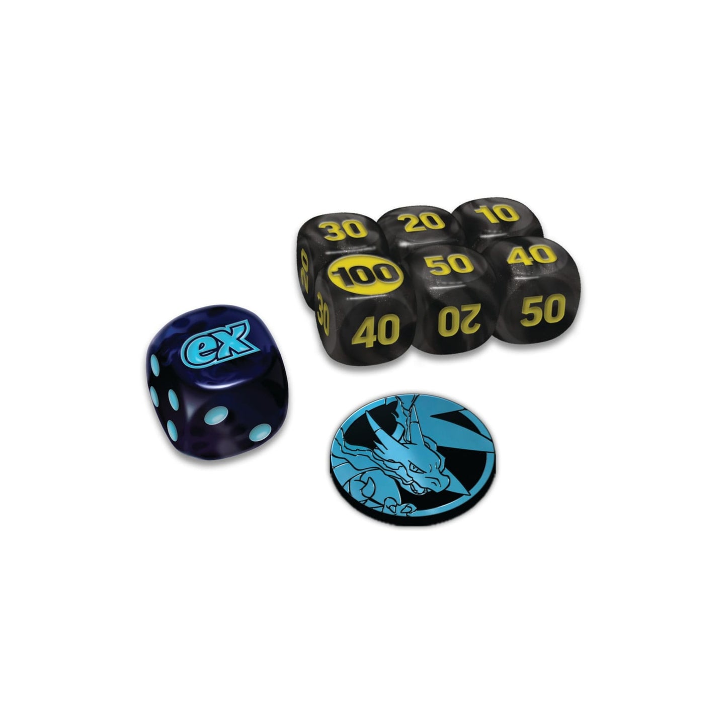 Zubehör der Pokémon Mega Entwicklung Fatale Flammen Top Trainer Box – Schadensmarker-Würfel, ex-Würfel und Glurak-Marker
