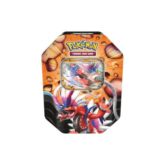 Pokémon Tin Box – Koraidon EX (Deutsch) – Vorderseite mit Promokarte im Sichtfenster