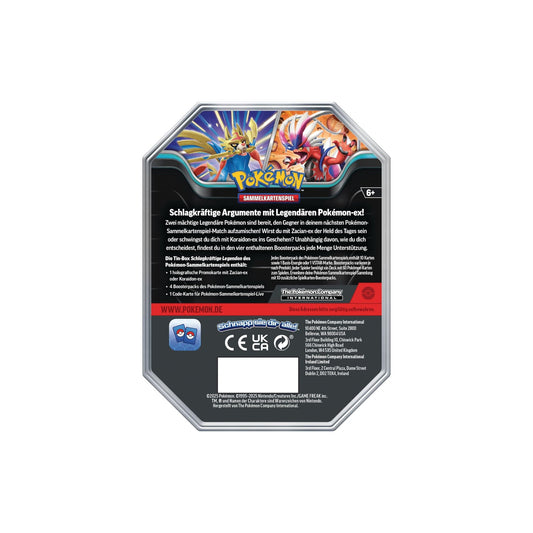Pokémon Tin Box – Koraidon EX (Deutsch) – Rückseite mit Produktbeschreibung & Inhalt