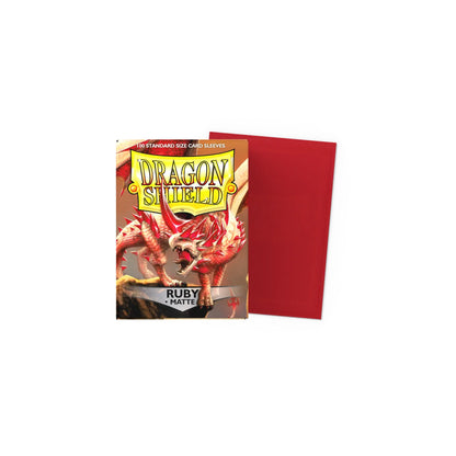 Dragon Shield – Matte Sleeves „Ruby“ – Vorderseite der Verpackung mit roter Hülle, 100 Stück, Standard 63×88 mm