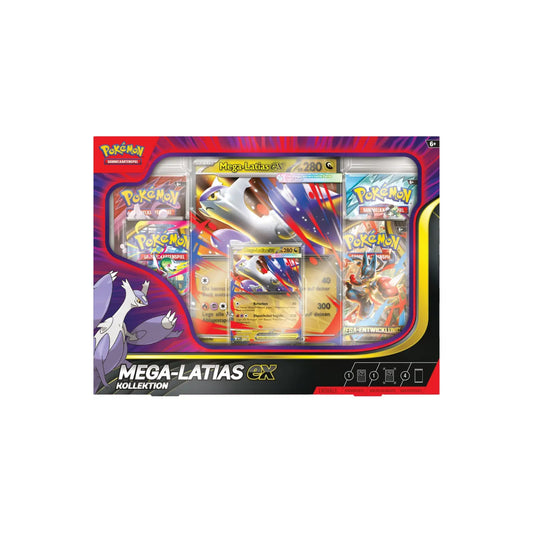 Pokémon Mega-Latias-ex Kollektion Deutsch - Vorderseite der Verpackung mit Promokarte, überdimensionaler Wackelbildkarte und Boosterpacks