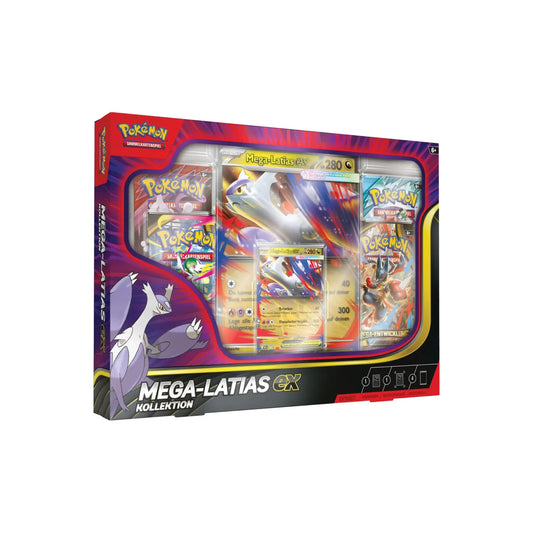 Pokémon Mega-Latias-ex Kollektion Deutsch - Schrägansicht der Verpackung von links mit sichtbarer Seitenlasche