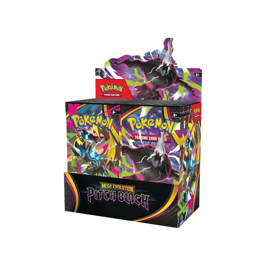 Pokémon Pitch Black Display 36 Booster Englisch - Schrägansicht des geöffneten Displays mit Aufsteller und sichtbaren Boosterpacks