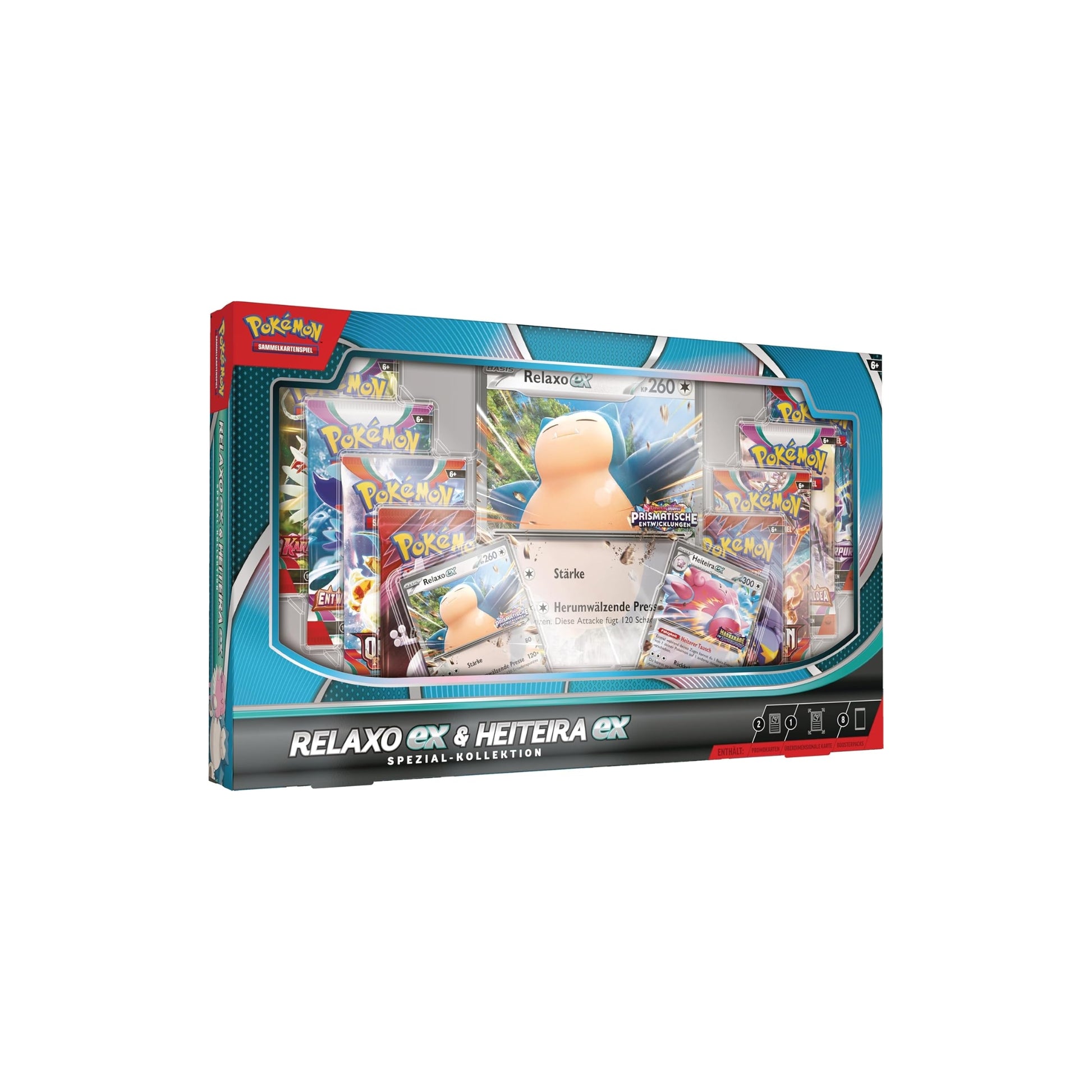 Pokémon Relaxo-ex & Heiteira-ex Spezial-Kollektion Deutsch - Schrägansicht mit Promokarten und 8 Boosterpacks