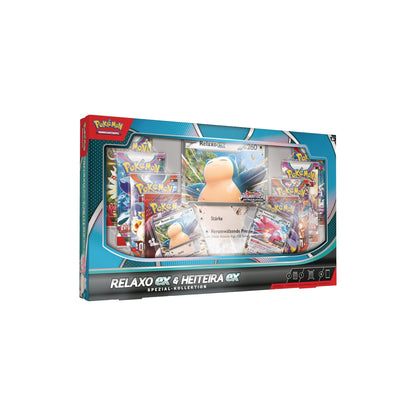 Pokémon Relaxo-ex & Heiteira-ex Spezial-Kollektion Deutsch - Schrägansicht mit Promokarten und 8 Boosterpacks