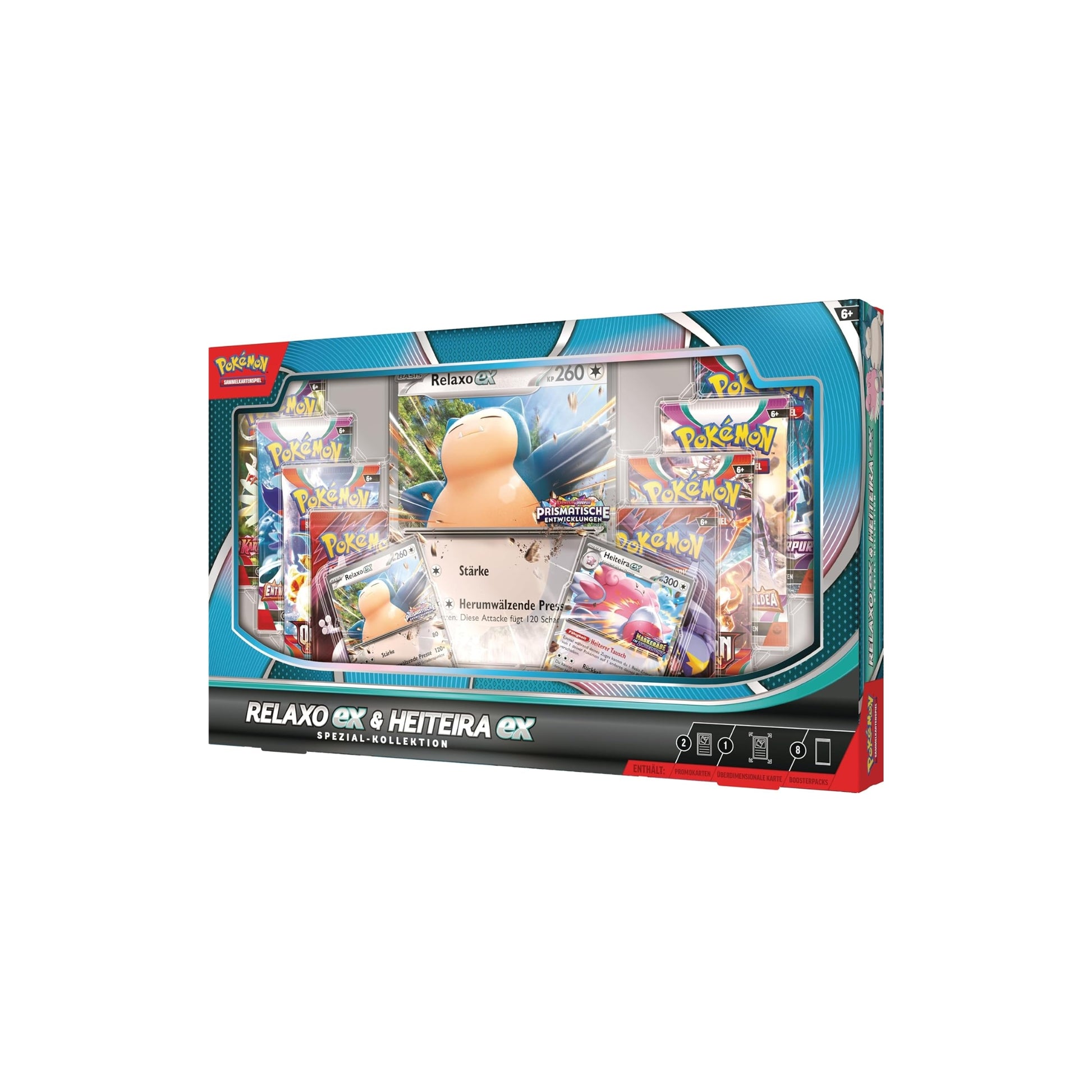 Pokémon Relaxo-ex & Heiteira-ex Spezial-Kollektion Deutsch - seitliche Produktansicht mit Boosterpacks und Promokarten