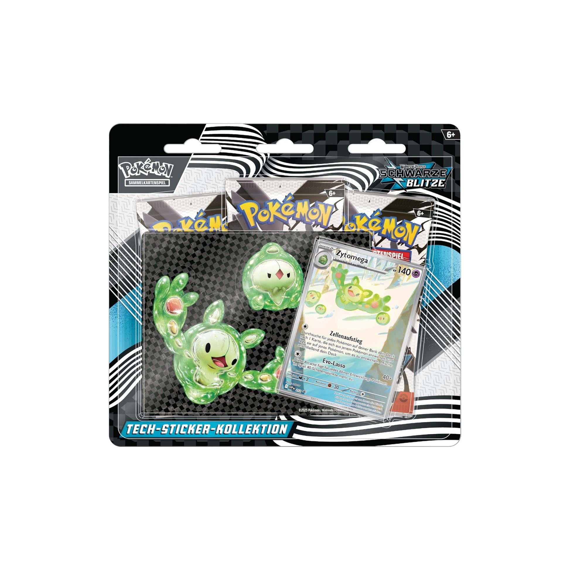 Pokémon Karmesin & Purpur Schwarze Blitze Tech-Sticker-Kollektion Zytomega Deutsch - Vorderseite mit Promokarte und 3 Boosterpacks
