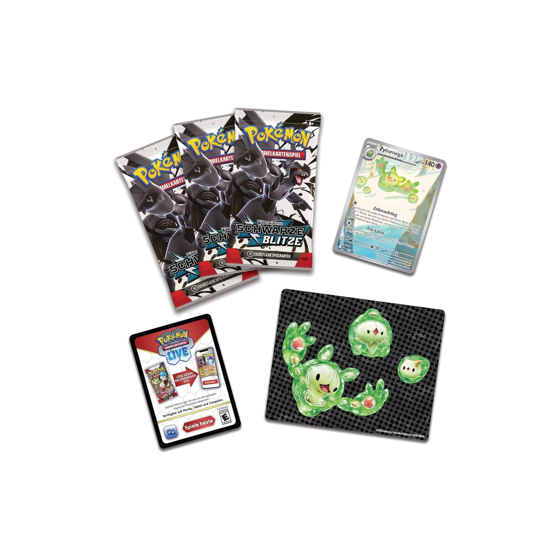 Pokémon Karmesin & Purpur Schwarze Blitze Tech-Sticker-Kollektion Zytomega Deutsch - Inhalt mit 3 Boosterpacks, Zytomega Promokarte SVP 212, Tech-Stickern und Code-Karte