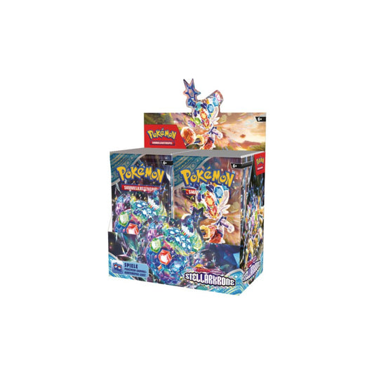 Pokémon 36er Display Stellarkrone (Karmesin & Purpur) – Deutsch – seitliche Ansicht Vorderseite