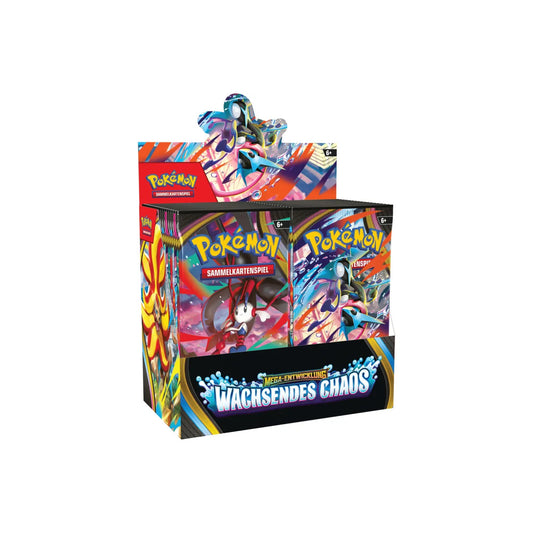 Pokémon Mega-Entwicklung Wachsendes Chaos Display mit 36 Boostern - deutsches versiegeltes Booster-Display in schräger Vorderansicht
