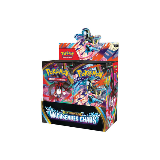 Pokémon Mega-Entwicklung Wachsendes Chaos Display mit 36 Boostern - deutsches sealed Pokémon Display Vorderansicht